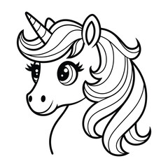 Charming black and white illustration of a cute unicorn head with flowing mane