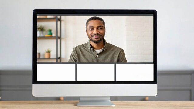 A man smiles during a video call, sitting in front of a modern workspace with shelves and plants in the background. - Powered by Adobe