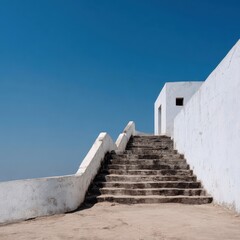Whitewashed stone staircase ascends against a vibrant blue sky, showcasing weathered steps and a minimalist architectural design.