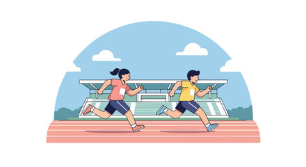 Adobe illustrator artwork vector illustration. Two cheerful children running on a track at a stadium, engaged in a race or exercise. Ideal for themes of sports, fitness, competition, and healthy