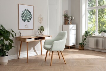 Fototapeta premium Light wooden desk and chair set in a bright room.