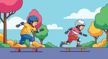 Adobe illustrator artwork vector illustration of two boys skateboarding outdoors. Kids enjoying a fun, active sport in a park setting, rendered in a clean, flat cartoon style