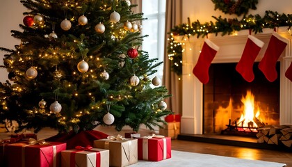 A decorated christmas tree stands beside a cozy fireplace. Colorful ornaments adorn the tree, and presents are neatly arranged underneath.
