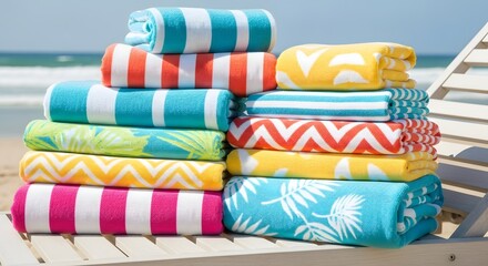 Colorful Beach Towels Stacked on Beach Chair