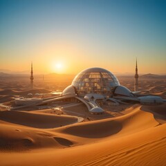 Obraz premium Futuristic dome structure in a desert landscape at sunset with towers