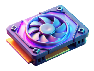 Neon lit cooling fan for graphics card hardware component 3d illustration isolated on transparent background