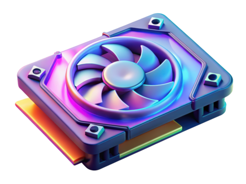 Neon lit cooling fan for graphics card hardware component 3d illustration isolated on transparent background