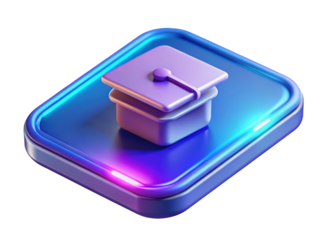 Neon graduation cap icon on glossy platform symbolizing education and academic success 3d illustration isolated on transparent background