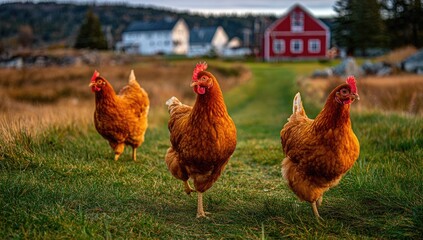 Three brown hens on a grassy path, a red barn in the background