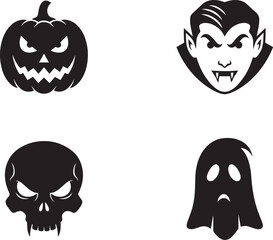 Halloween Faces Icon Set &ndash; Jack-o'-Lantern, Vampire, Skull, Ghost Silhouettes for Spooky & Festive Designs
