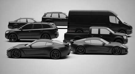 Black Luxury Cars and Vans Displayed in Studio with Soft Lighting