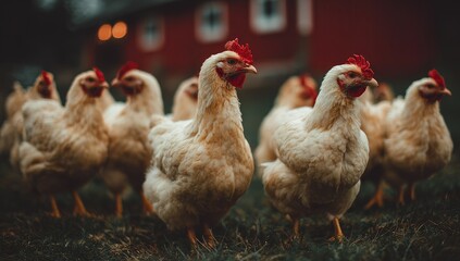 Fototapeta premium Flock of light-beige chickens in a rural setting