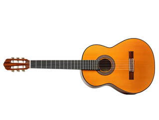 Classical guitar,  top-down view,  bright orange/yellow wood,  dark brown accents,  smooth finish,  isolated on black