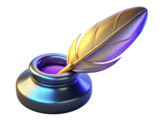 Quill pen and inkwell isolated illustration in gold and blue tones 3d illustration isolated on transparent background