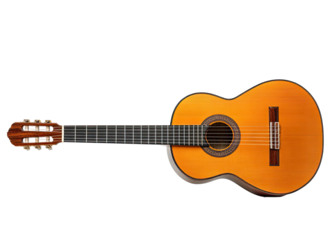 Classical guitar,  top-down view,  bright orange/yellow wood,  dark brown accents,  smooth finish,  isolated on black