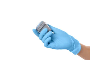 Gloved hand holds a small medical jar, isolated on white, PNG