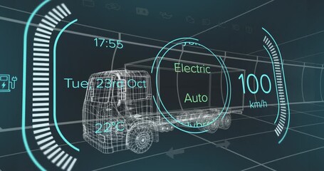 Animation of battery level over electric truck project on navy background - Powered by Adobe