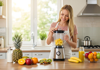 Joyful woman happily adding fresh spinach to a blender for a healthy smoothie, surrounded by vibrant fruits and kitchen essentials.