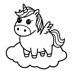 Cute cartoon unicorn with wings standing on a fluffy cloud