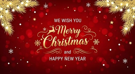 Festive merry christmas and happy new year greeting with golden calligraphy, snowflakes, and fir branches on a red bokeh background
