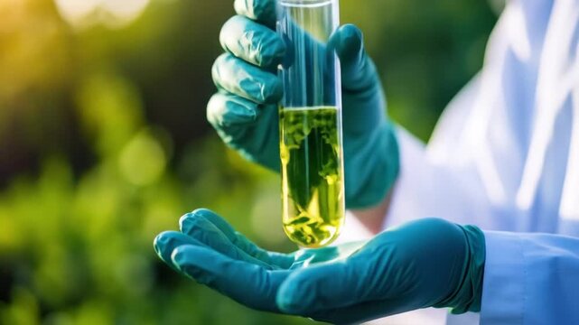Scientist holding a test tube with green liquid with science in nature, and outdoors research.