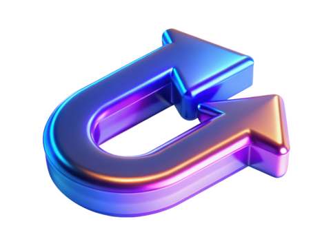 Shiny metallic arrow loop symbol navigation direction guide contemporary art 3d illustration isolated on transparent background
