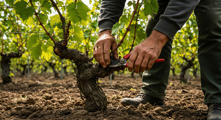 A vineyard worker carefully prunes grapevines with red-handled shears in a field of rows, tending to the plants.