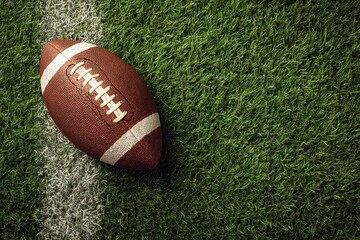 Sports Thanksgiving. American Football on Green Grass Field. Copy Space for Autumn Sports Season