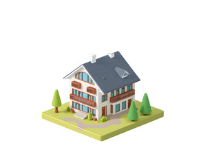 3D Cartoon House on a Green Platform with Trees