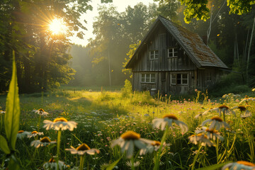 Rustic wooden countryside house in lush green meadow with wildflowers, trees, and warm natural sunlight.