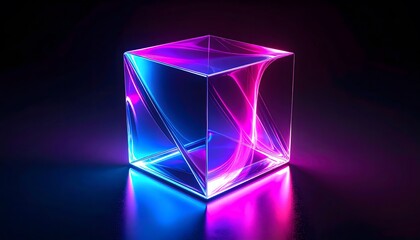 Illuminated Glass Cube with Vibrant Neon Colors and Reflective Surface