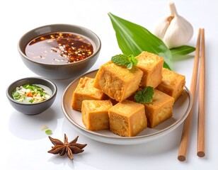 Golden-brown tofu cubes sit atop a plate, garnished with fresh herbs, and accompanied by a spicy dipping sauce.