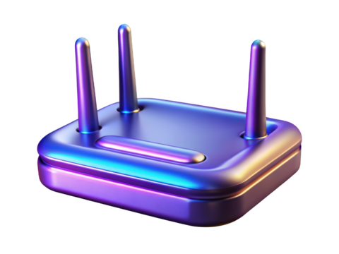 Stylish futuristic wireless router with three antennas in blue and purple 3d illustration isolated on transparent background - Powered by Adobe