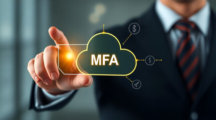 businessman pressing the virtual button MFA, multi-factor authentication. cloud computing concept, cloud technology, Saas, Paas, Iaas. AWS Services, ips, SSL, mfa, 2fa