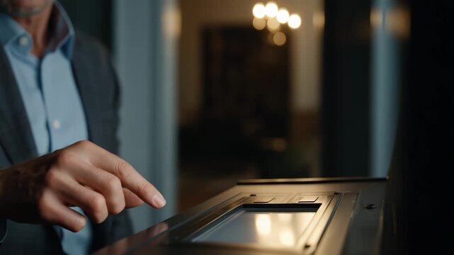 A man is pointing at a screen with a check. He is wearing a suit. Faceless senator pressing voting button, vote-a-rama clean documentary muted
