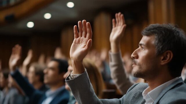 A man with a beard is raising his hand in a crowd. There are many people in the crowd. senators raising hands to vote in chamber, vote-a-rama documentary muted editorial