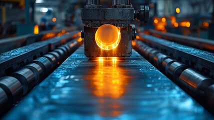 Glowing Metal Object on Conveyor Belt in Industrial Factory