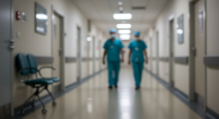 Fototapeta premium A motion-blurred view of healthcare workers in blue scrubs moving through a clinic hallway