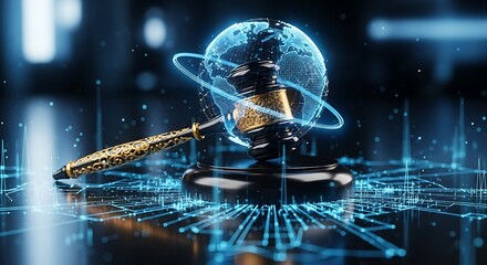 Global law concept featuring a gavel with a digital world visualization for international legal matters