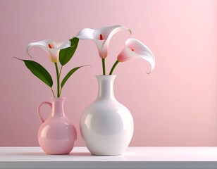 R&oacute;żowe, jasne tło z wazonami wypełnionymi kaliami