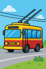 Colorful Cartoon Trolleybus on Road Illustration.