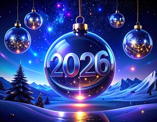 Fototapeta na wymiar Niebieskie tło sylwestrowe lub noworoczne z dużą, niebieską, zwisającą z góry bombką z napisem 2026 otoczoną mniejszymi bombkami. W tle gwiaździste niebo 