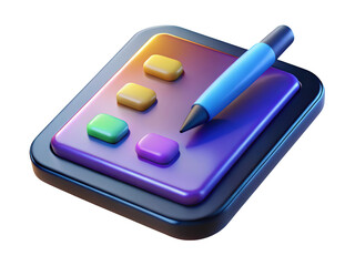 Stylized tablet with stylus and application icons design 3d illustration isolated on transparent background