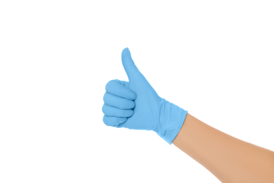 A gloved hand shows approval in a medical context, isolated, PNG