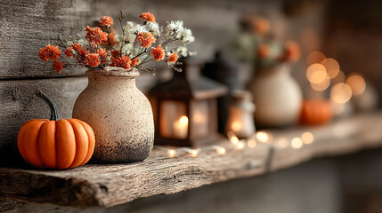 Autumn decoration with pumpkins and flowers on a rustic wooden shelf at dusk with soft lights