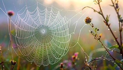 A delicate spiderweb, covered in morning dew, shines brightly against a backdrop of wildflowers and soft morning light.