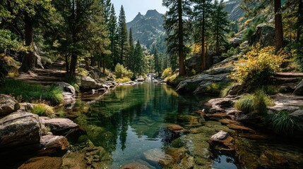 Fototapeta premium A peaceful lake surrounded by trees and rocks
