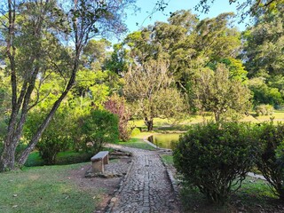A picturesque park pathway winds through lush greenery, leading towards a tranquil pond surrounded by mature trees and vibrant flowering bushes.