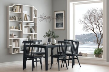 Dining area with a built-in bookcase and large window.