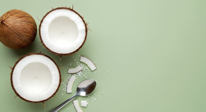 Top view of a whole and halved coconut with fresh pieces and a spoon on a green background, representing a healthy lifestyle concept